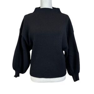 Line + Dot Wide High Neck Puff Sleeve Ribbed Knit Sweater Black Size Medium